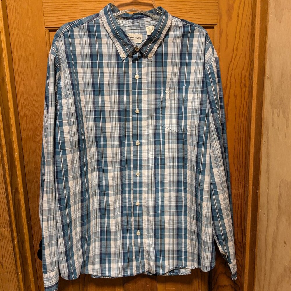 Dockers Teal Blue Plaid Long Sleeve Button Down Shirt